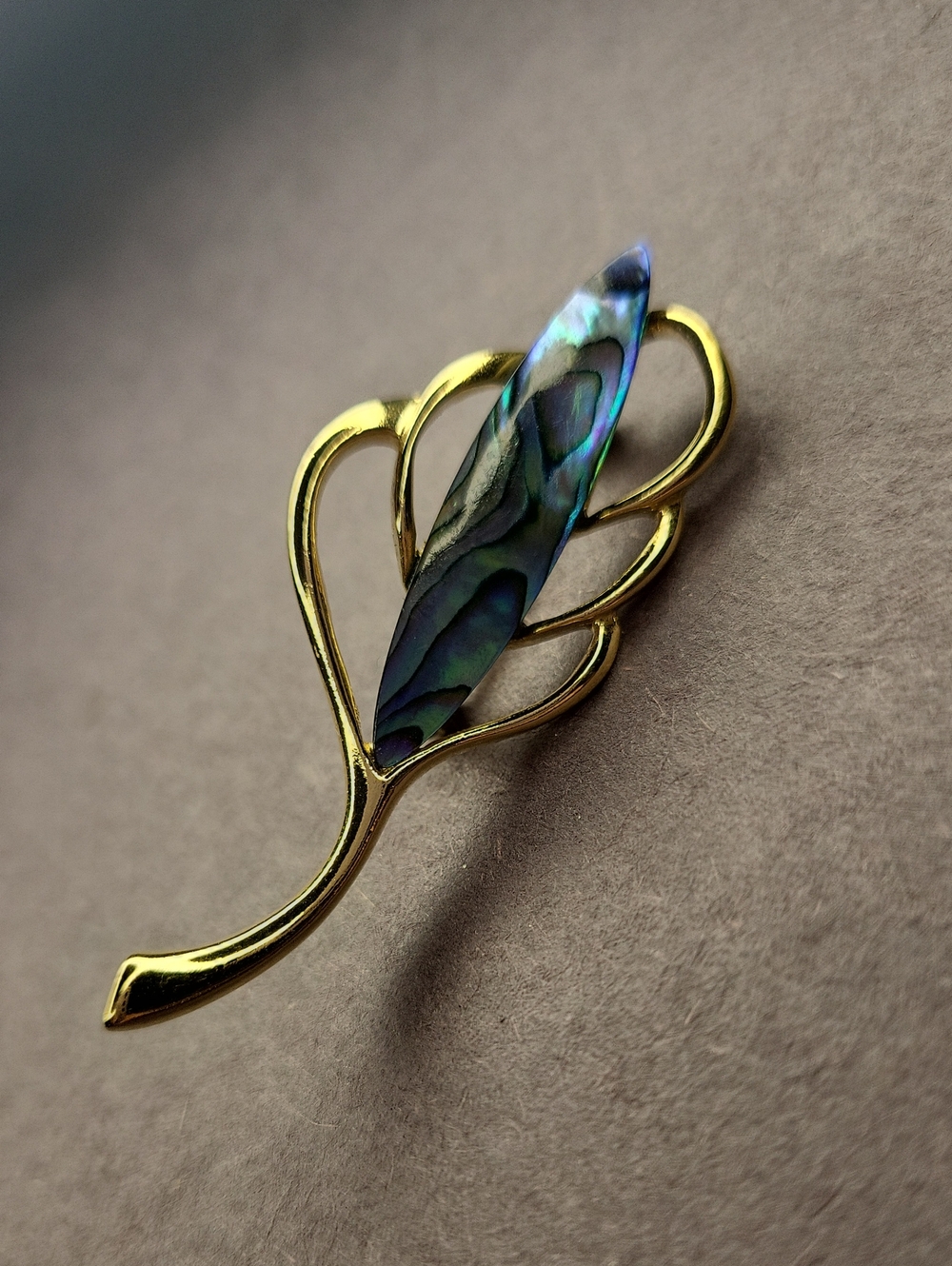 Gold Leaf Brooch with Iridescent Abalone Inlay